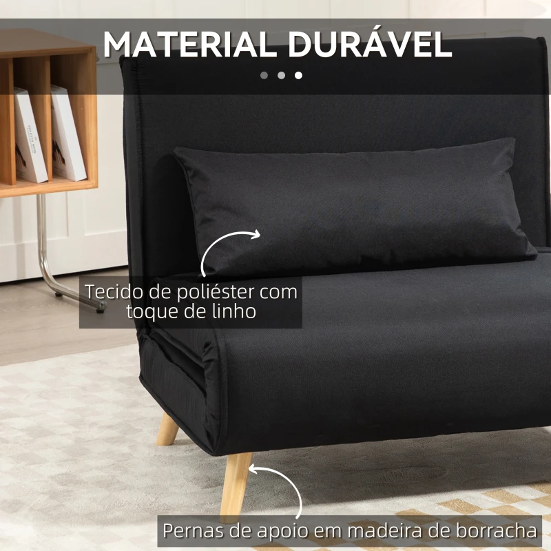 HOMCOM Poltrona 3 em 1 Sofá Cama Individual Dobrável com Encosto Ajustável em 6 Posições e Almofada 94x78x80 cm Preto