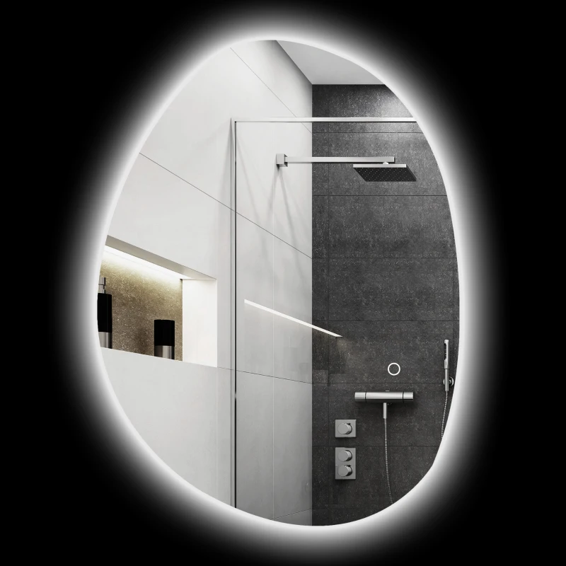 HOMCOM Oglindă de Baie Asimetrică LED 70 x 50 cm - 3 culori, anti-abur, montare murală cu comutator tactil