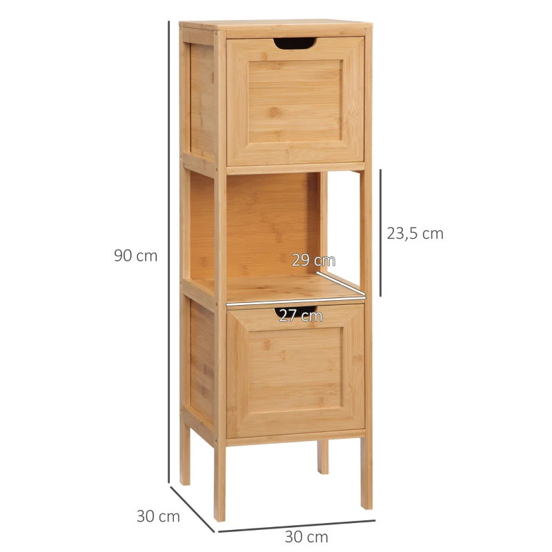 kleankin Comodă de depozitare coloană pentru baie din bambus 2 sertare și 1 raft - dim. 30L x 30l x 90H cm