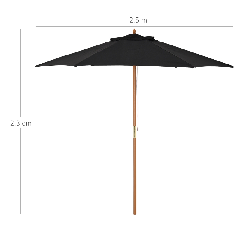 Outsunny Umbrelă de soare Ø 250 cm, umbrelă de balcon cu mecanism de tragere cu sfoară, umbrelă de plajă din bambus rezistent la vânt, umbrelă de piață pentru balcon terasă grădină, Negru