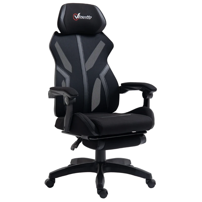 Vinsetto Scaun Gaming cu Suport pentru Picior Retractabil Scaun de Birou Rotativ Reclinabil cu Suport pentru Cap și Înălțime Ajustabilă 65x65x119-129 cm Negru