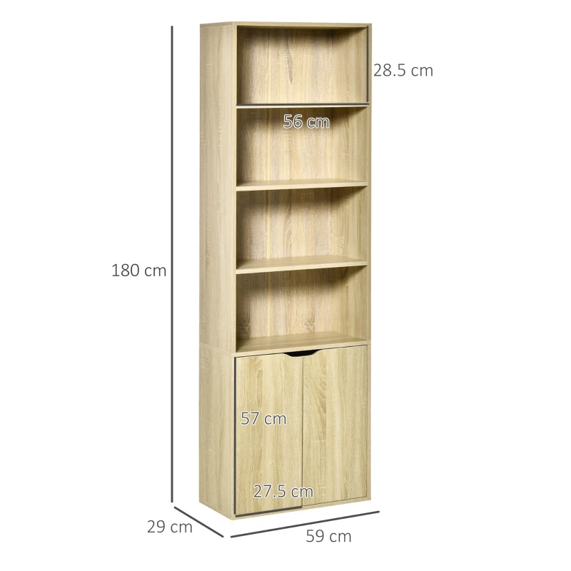 HOMCOM Bibliotecă Dulap de cărți cu 4 compartimente deschise și 2 uși pentru sufragerie și birou 59x29x180 cm Lemn natural