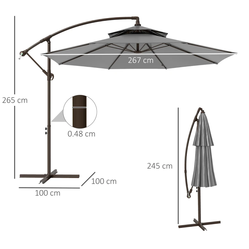 Outsunny Umbrelă, Cu Manivelă și Acoperiș Dublu Bază în Formă de Cruce Oțel Protecție Solară Ø2,67 x 2,45 m Gri deschis