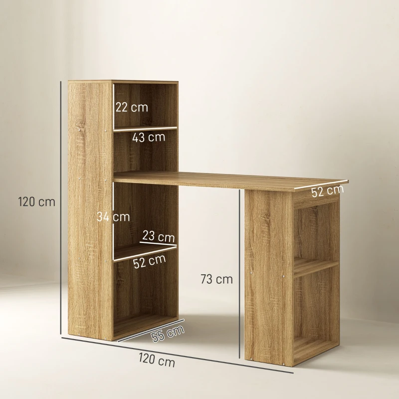 HOMCOM Birou Informatice cu raft de depozitare Birou de colț bibliotecă adiacentă Depozitare multiplă Chêne