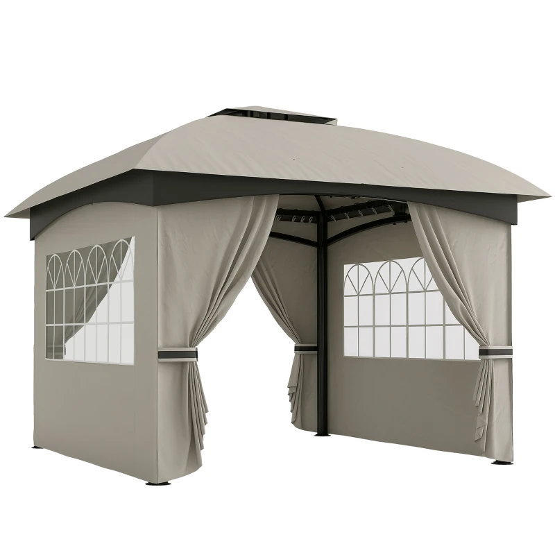 Outsunny Pavilion de grădină 3,4 x 3,4 m, Cort de bere cu acoperiș ventilat, ferestre arcuite, cadru din oțel, Gri deschis