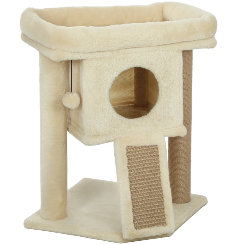 PawHut Catarator cu placa de zgariere din iuta, platforma de odihna, minge de jucarie, casa pentru pisici, Bej, 40 x 40 x 57 cm