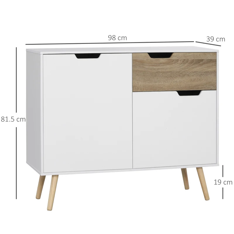 HOMCOM Bufet Mobilier de depozitare, cu dulapuri, Picioare din lemn masiv de pin 98L x 39l x 81.5H cm Alb