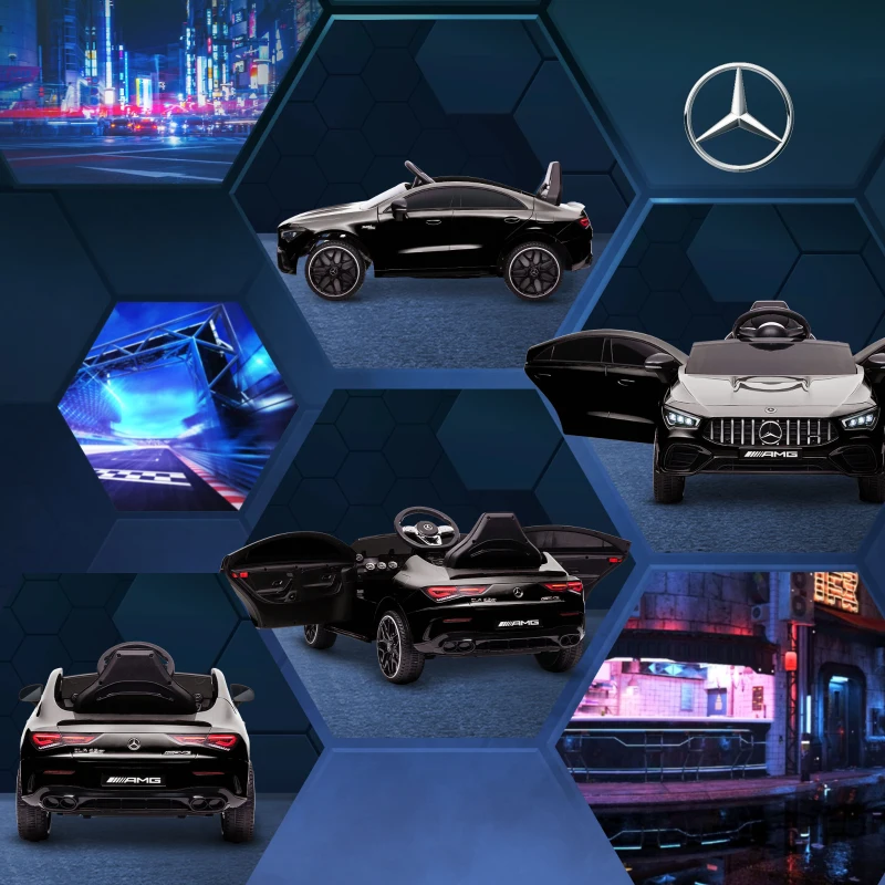 AIYAPLAY Mașină electrică pentru copii Mercedes-benz AMG CLA 45, telecomandă, viteză reglabilă (3-5 km/h), far LED muzică, negru