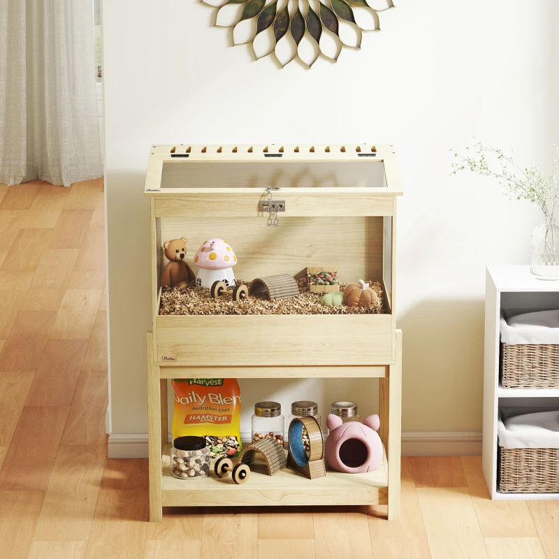 PawHut Cușcă pentru hamster din lemn înaltă cu raft de depozitare capac deschis 83,2 x 50 x 103 cm efect de lemn natural