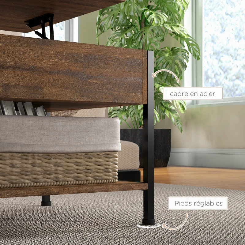 HOMCOM Masă de cafea ridicabilă masă de salon cu compartiment ascuns și 2 rafturi inferioare 100 x 80 x 60 cm maro rustic negru