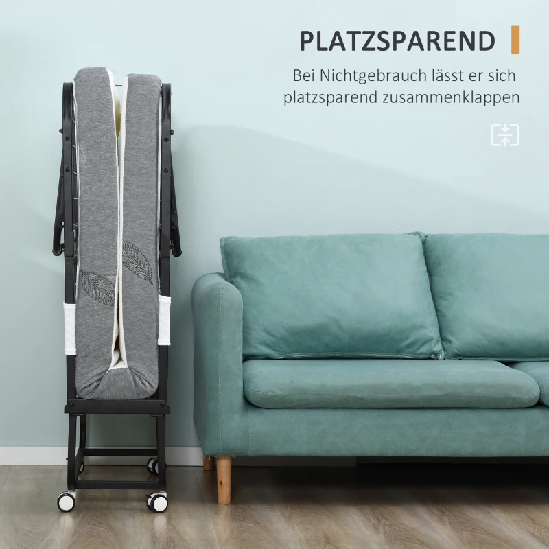 HOMCOM Gästebett, Klappbett, Reisebett mit Rollen, Matratze, Stahl, Weiß+Schwarz(m-5)