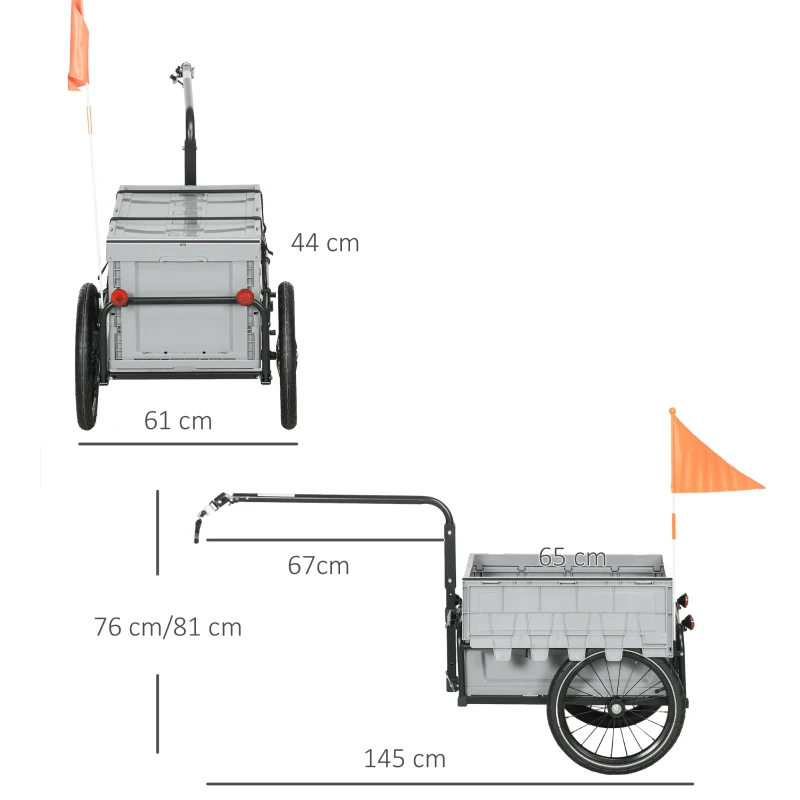 HOMCOM Remorcă pentru bicicletă, cutie detasabilă și pliabilă 65L, reflectoare de siguranță, capacitate 40 kg, gri.