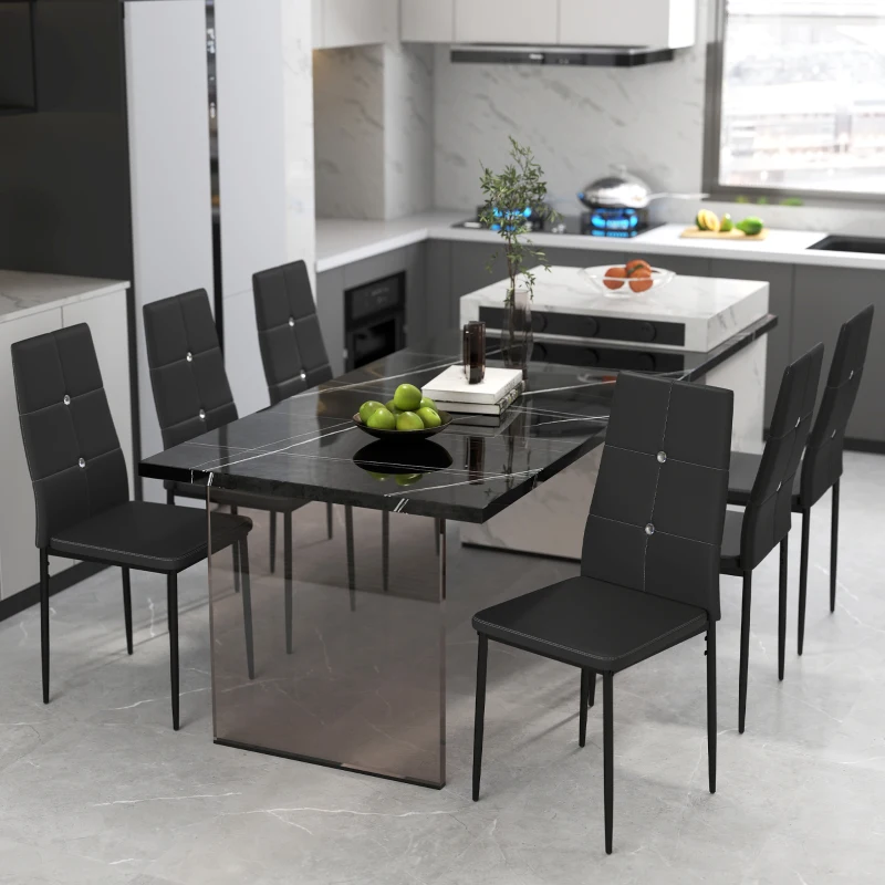 HOMCOM Joc de 6 Scaune de Dining Tapitate în PU cu Spătar Înalt cu Butoane și Picioare de Oțel Design Modern Negru