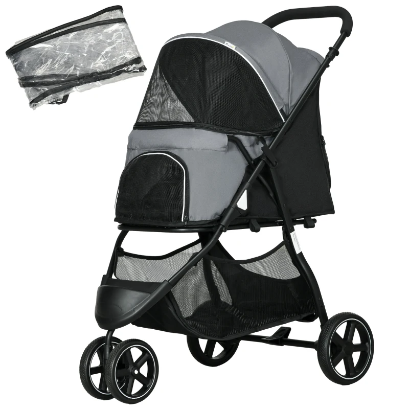 PawHut Cărucior pentru câini Haustierwagen, pliabil, husă de ploaie, 2 frâne de siguranță, 83 cm x 55 cm x 101 cm, Gri + Negru