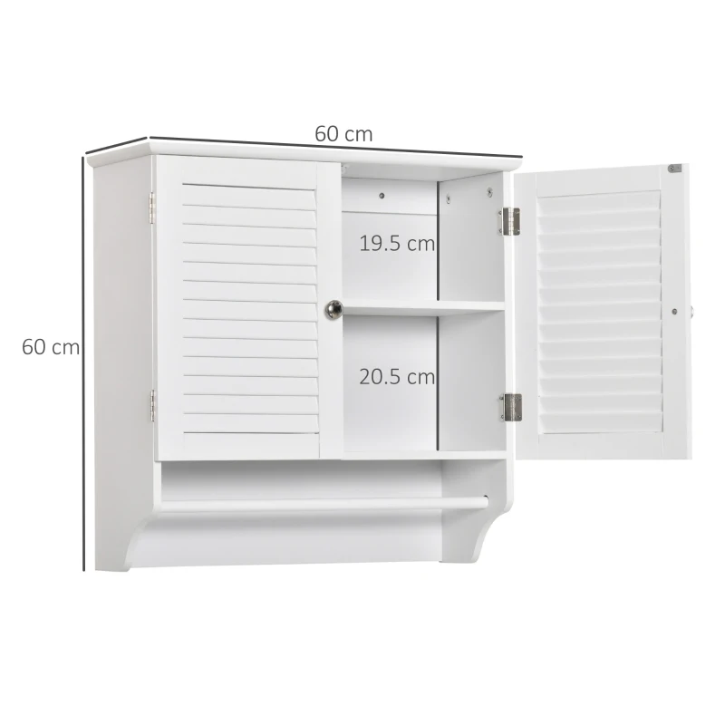 Șifonier de Perete pentru Baie kleankin, Dulap cu 2 Uși jaluzele și raft, Suport pentru Prosoape, Lemn Alb