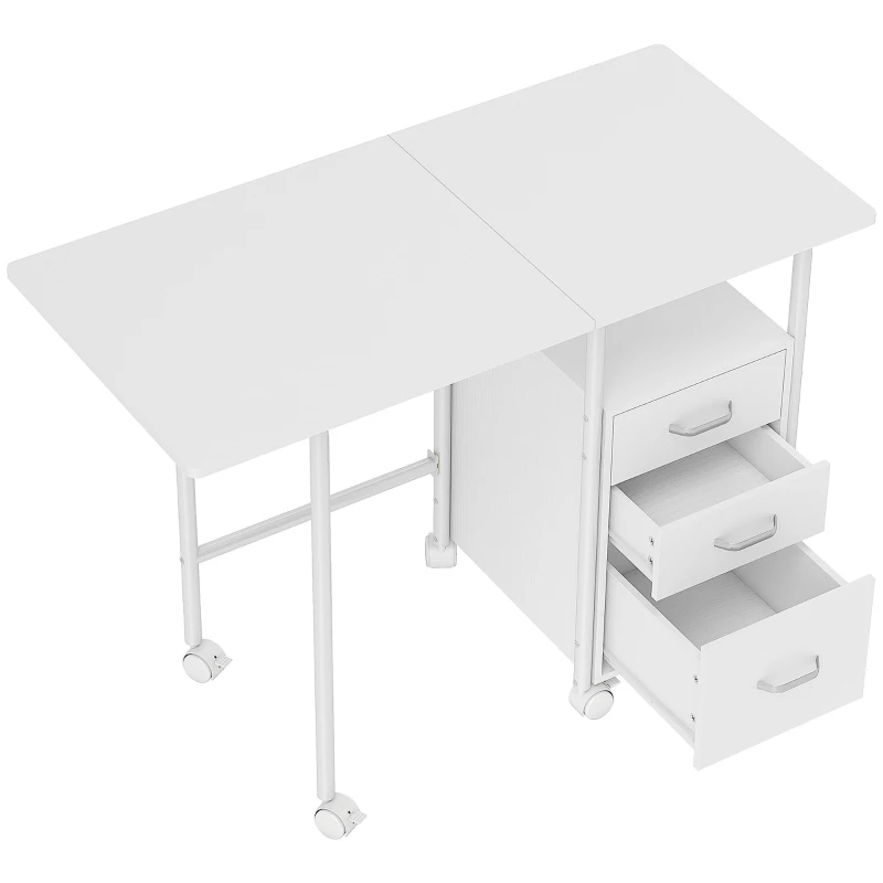 HOMCOM Birou de calculator pliabil pe roți, birou cu depozitare, 3 sertare, blat extensibil, 105x51x75,5cm, alb
