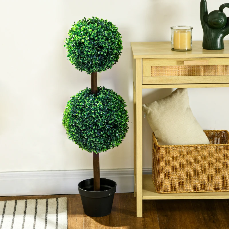 HOMCOM Set de 2 arbori buxus artificial cu dublă mingi cu trunchi și ghiveci inclus - înălțime 90 cm verde