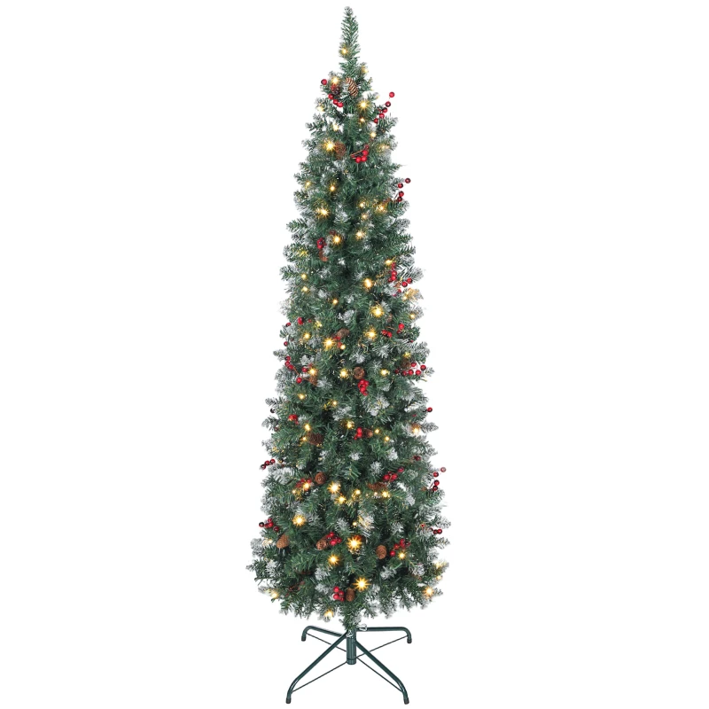 HOMCOM Árvore de Natal Slim 180 cm com Luzes LED 8 Modos de Iluminação 461 Ramos com Purpurina Prateada Pinhas e Bagas Verde