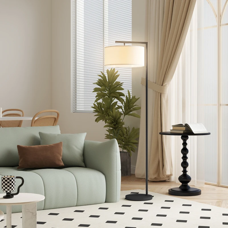HOMCOM Lampadar lampă de picior abajur din material textil de in bază rotundă stabilă 47 x 37 x 153 cm negru si alb