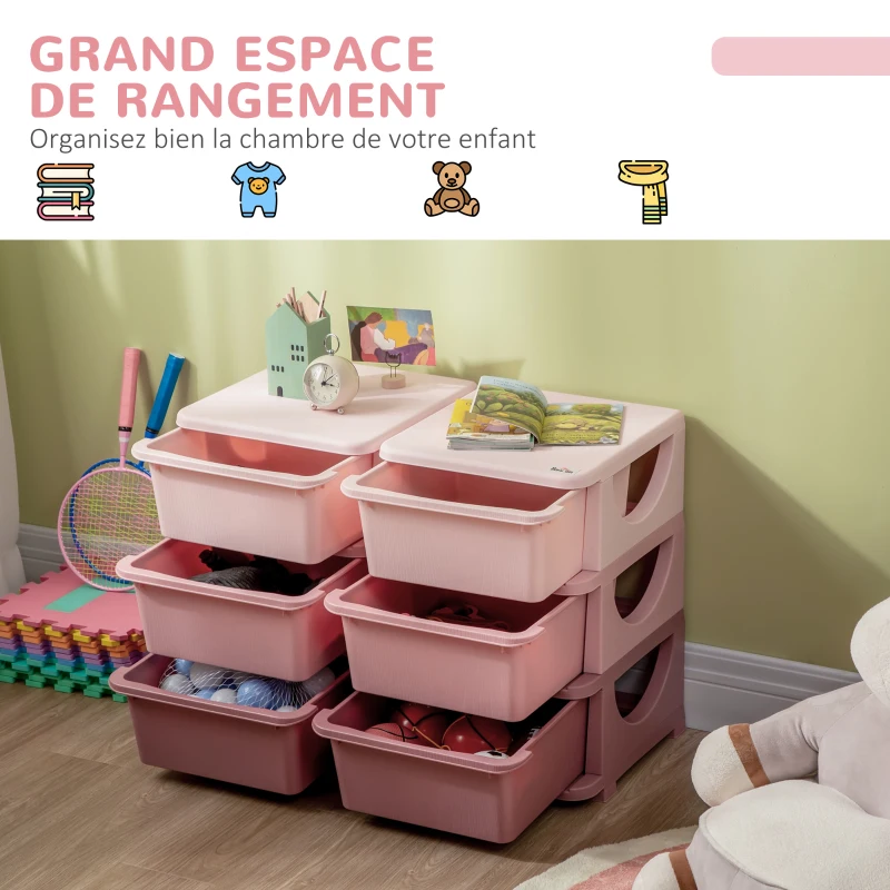 HOMCOM Organisateur de jouets pour enfants à 3 niveaux avec 6 tiroirs, boîtes de rangement en plastique, 75x37x56,5cm, rose