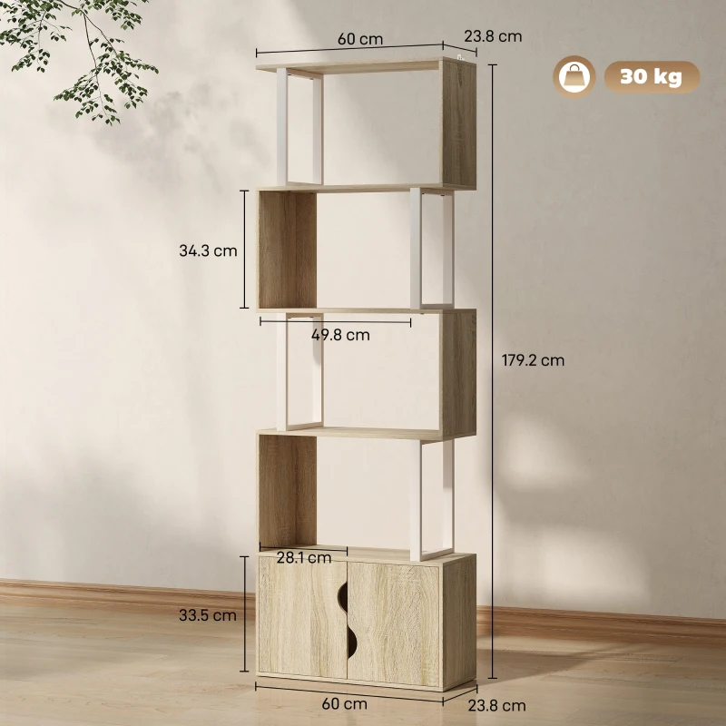 HOMCOM Bibliotecă cu 5 nivele, mobilier de depozitare cu rafturi și dulap cu dublă ușă, 60 x 23,8 x 179,2 cm, lemn natural