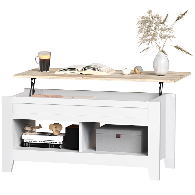 HOMCOM Table basse plateau relevable, table de salon avec étagères et compartiment caché,105 x 50 x 49-62,5 cm blanc