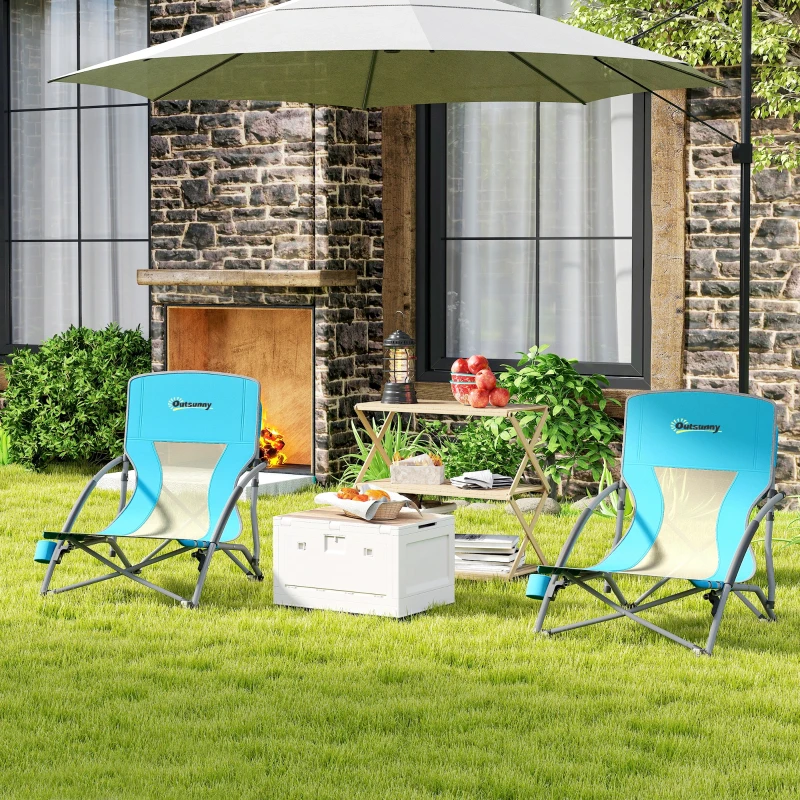 Outsunny Lot de 2 scaune de plajă pliabile scaune camping pliante ușoare sac de transport suport pentru pahar 58 x 55 x 62 cm albastru