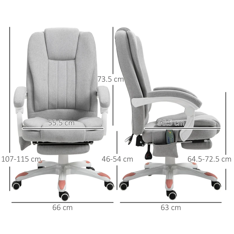 Vinsetto Scaun de Masaj, Scaun de Birou, Scaun de Gaming, Poliester, Spumă, Nailon, Gri, 66 x 63 x 107-115 cm