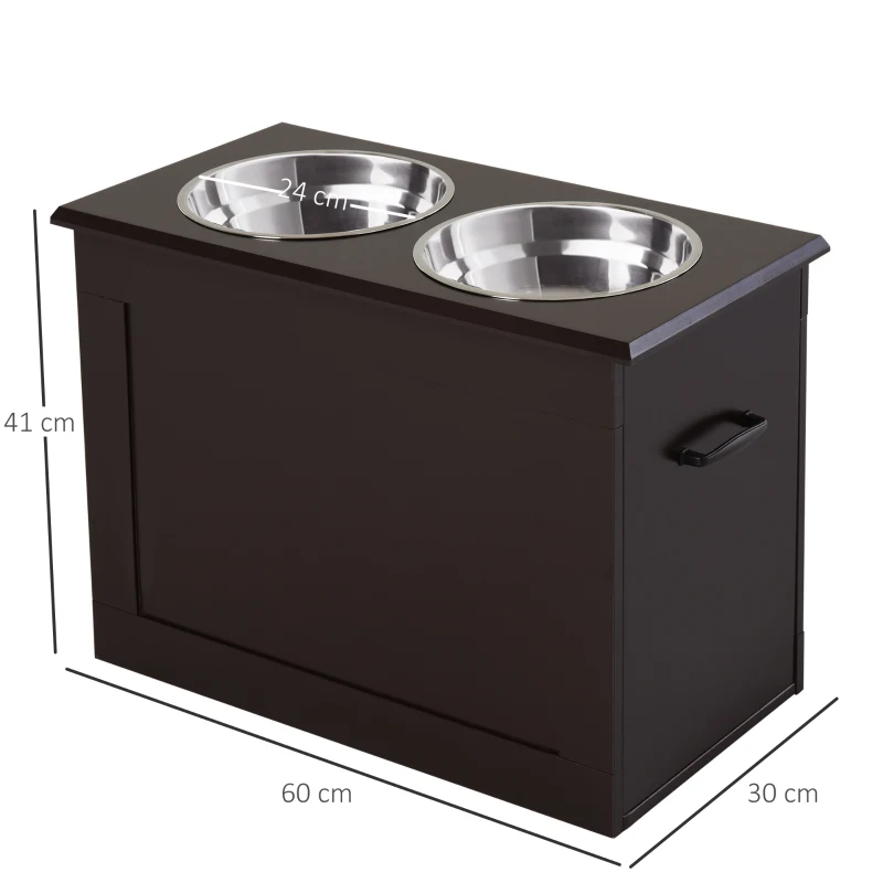 PawHut Comedero Elevado para Perros Grandes con 2 Cuencos de 2000ml y Almacenamiento Oculto 60x30x41 cm Marrón Oscuro
