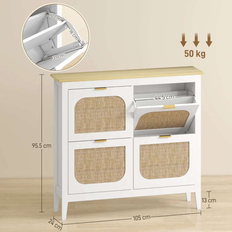 HOMCOM Zapatero Estrecho con 4 Puertas de Ratán Estantes Ajustables para 20 Pares de Zapatos 105x24x95,5 cm Alb