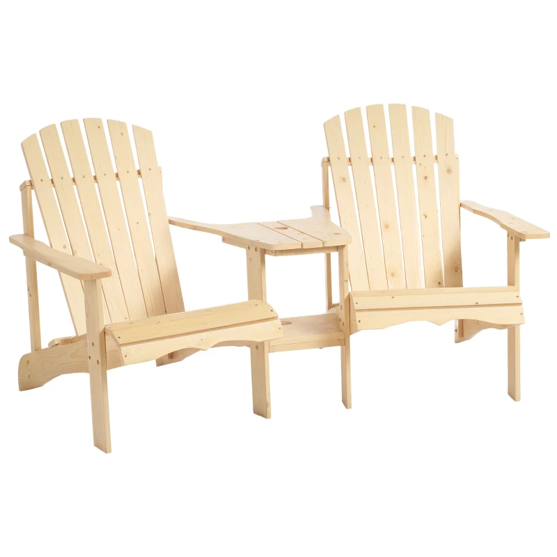 Outsunny Set Scaun și Masă cu Orificiu pentru Umbrelă, 2 Locuri Scaun Grupa Lemn Masiv Natural 178 x 87 x 92 cm