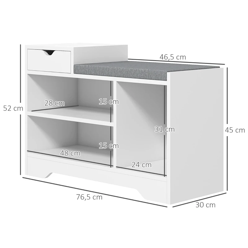 HOMCOM Mobilier și banc pentru pantofi 1 sertar și 3 compartimente, capacitate 5 perechi MDF, 76,5L x 30A x 52Î cm