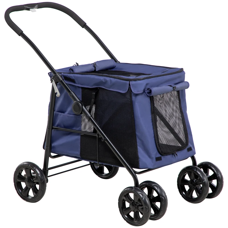 PawHut cărucior pentru câini inclusiv pernă, 3 buzunare laterale, pliabil, cărucior pentru câini, 102 cm x 62 cm x 105 cm, Albastru