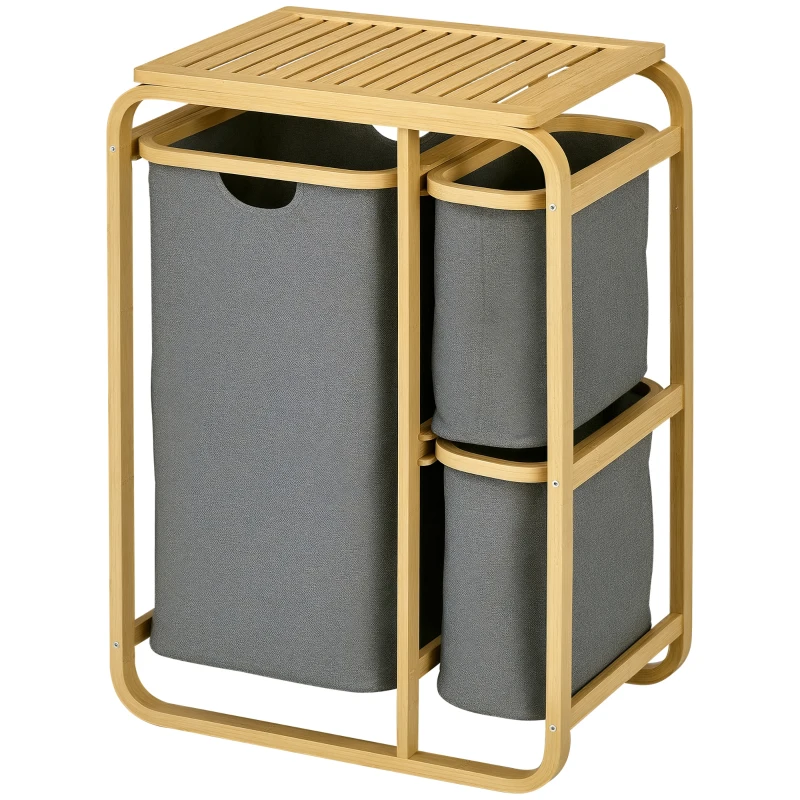 HOMCOM Coș de rufe cos de depozitare coș de rufe murdare din bambus 3 coșuri - 49l x 33P x 70H cm gri