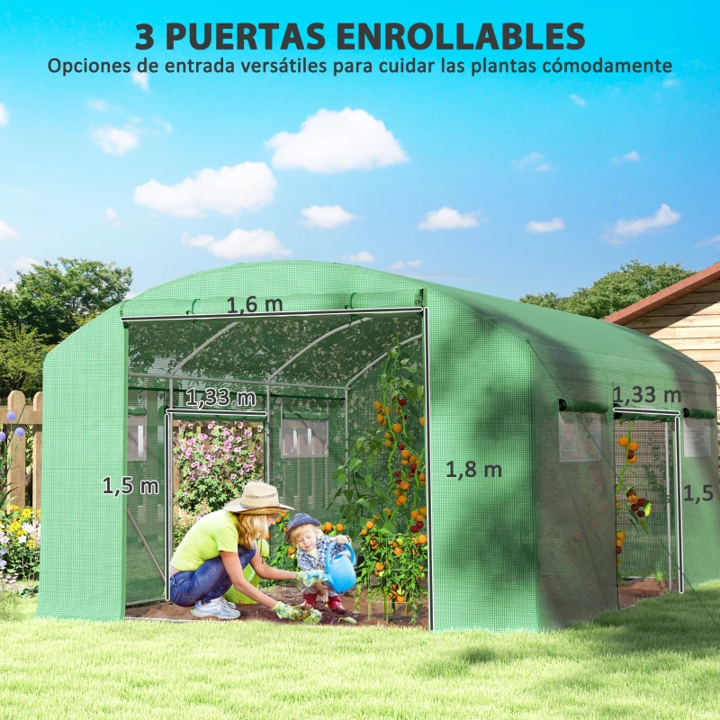 Outsunny Invernadero de Túnel 4x3x2 m con 6 Ventanas 3 Puertas Enrollables Cubierta de PE y Estructura de Acero Galvanizado Verde