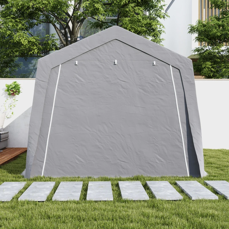 Outsunny Cort de Depozitare Exterior 3 x 4,5 m, tente de depozitare impermeabilă și anti-UV, ușă înrolabilă, ferestre, gri
