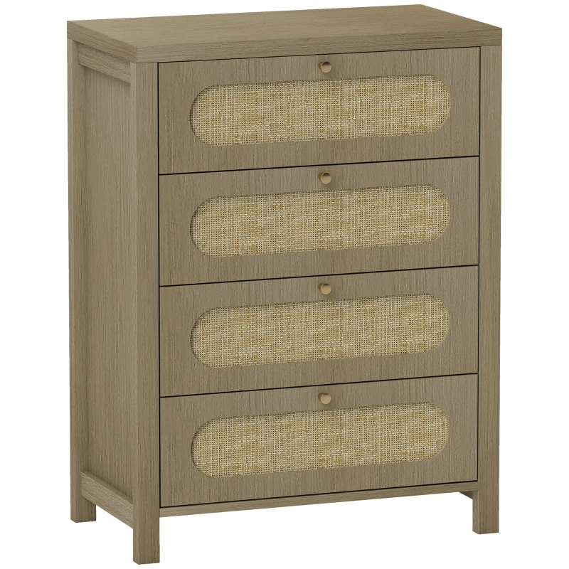 HOMCOM Comodă 4 sertare mobilier de depozitare stil boemian cu uși din răchită, 70 x 38 x 93 cm, efect lemn natural