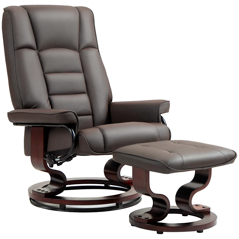 HOMCOM Fotoliu de relaxare cu taburet, rotativ & inalt reglabil, piele ecologică, până la 150 kg, cadru din lemn, Maro