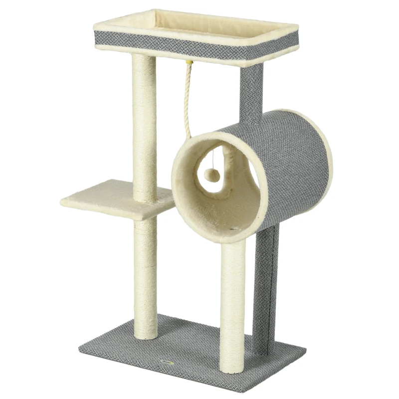 PawHut Copac zgâriat Katzenbaum, 1 cuib pentru pisici, 2 zone de odihnă, 60 cm x 40 cm x 104 cm, Gri + Natural