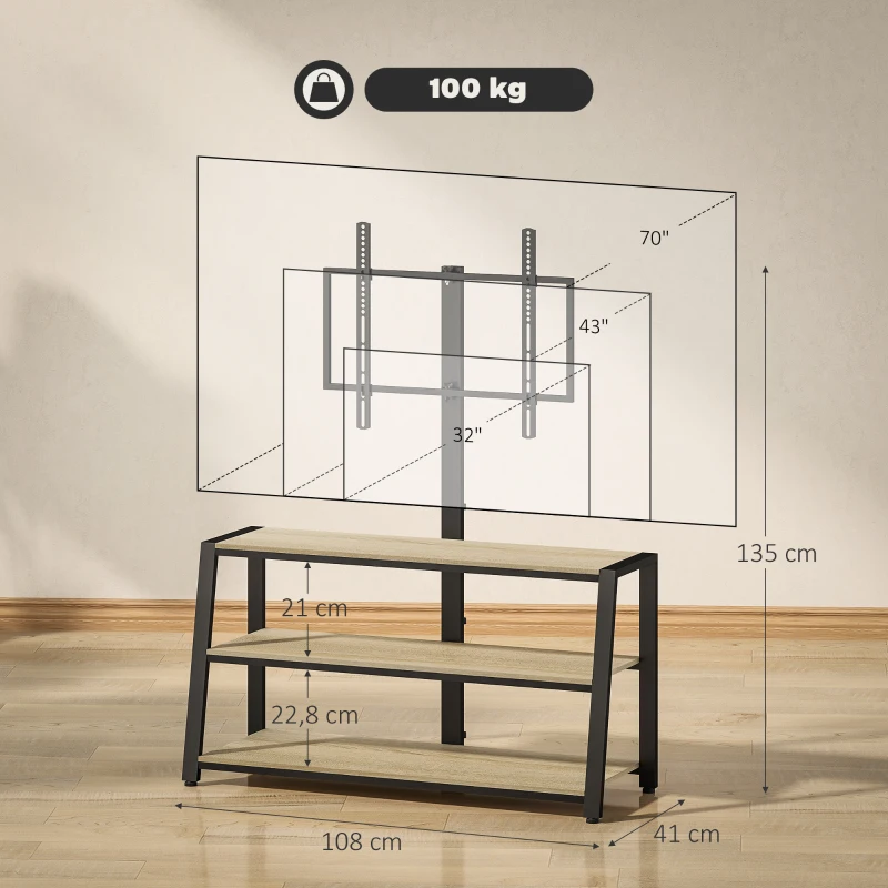 HOMCOM Mobilier TV cu suport pentru televizoare de la 32 la 70 de inci, rafturi deschise, unghi ajustabil 35°, 108x41x135cm, efect lemn natural