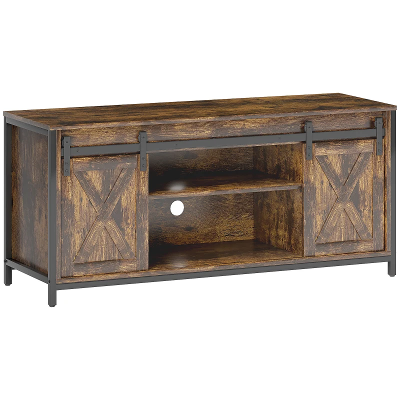 HOMCOM Stand TV Lowboard, Design industrial, pentru televizoare de 60'', 6 rafturi, 2 uși glisante, Maro/Negru