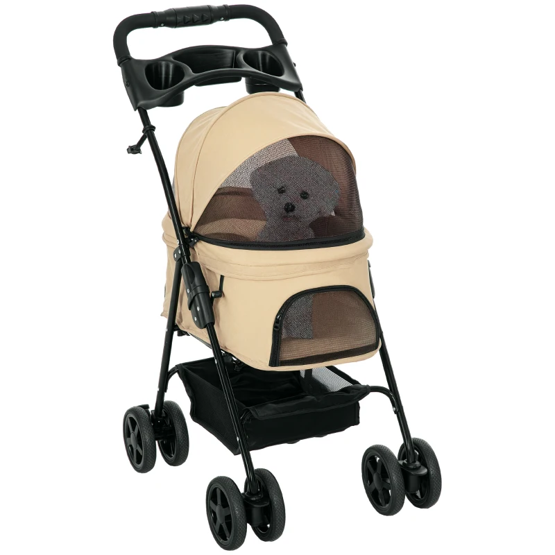 PawHut Cărucior câini Hundebuggy, pliabil, 2 curele de siguranță, 2 suporturi pentru pahare, 67 x 45 x 96 cm, Khaki