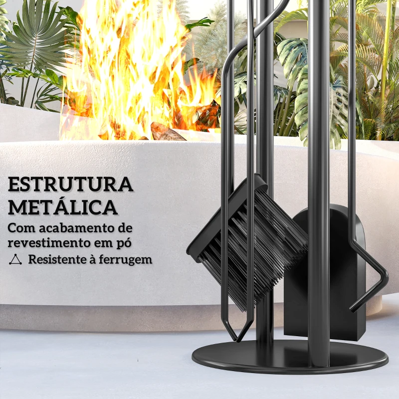 Outsunny Conjunto de Acessórios para Lareira de 5 Peças de Metal com Vassoura Pá Tenazes Atiçador e Suporte 20x20x71 cm Dourado