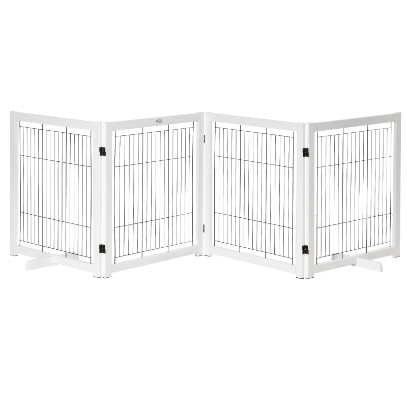 PawHut Poartă de protecție pentru câini cu picioare, 305 x 82 cm, lemn, pliabilă, pentru protecție la scări, uși, holuri, 4 panouri, Alb