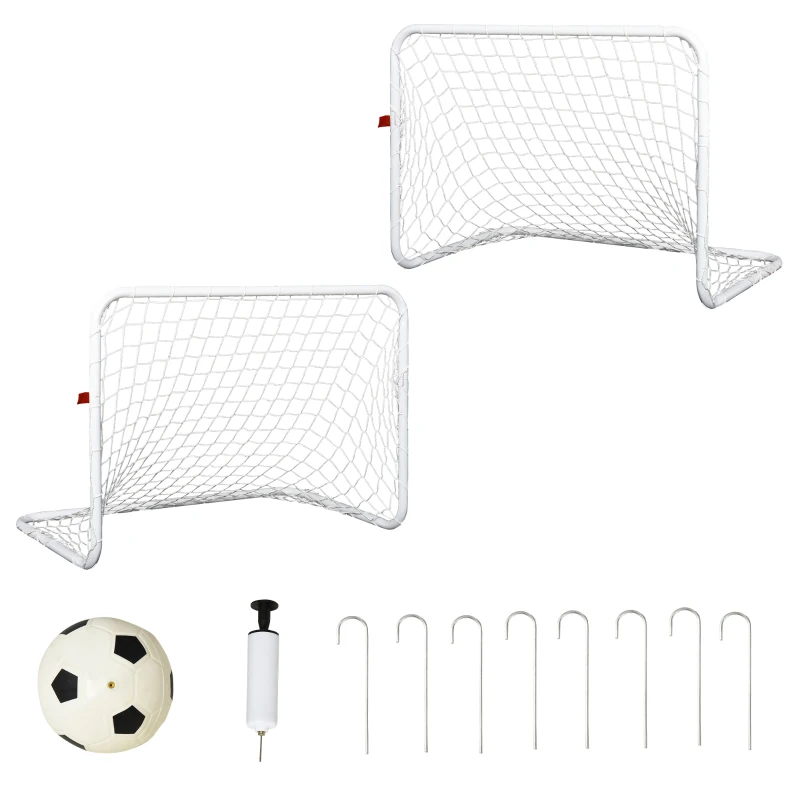HOMCOM Set de 2 mini cage de fotbal pentru copil minge, pompă, țăruși incluși 78L x 46l x 56H cm metal alb