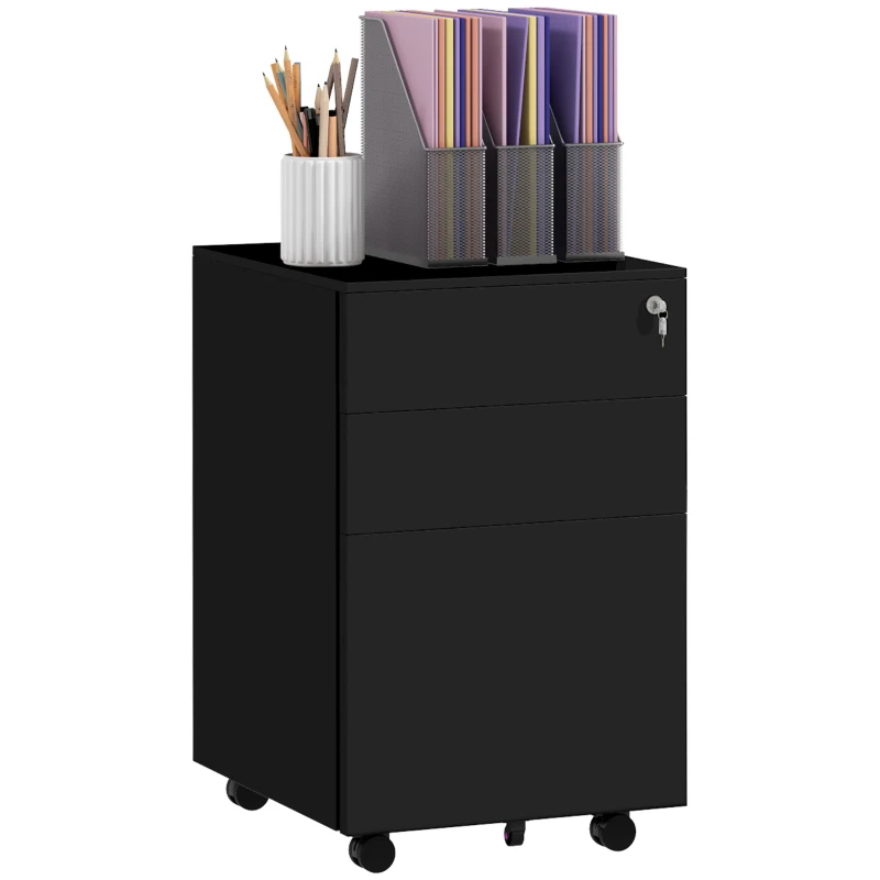 Vinsetto Container cu role și sertare, Negru, 3 sertare, blocabil, mobil, 37 cm x 43,5 cm x 60 cm