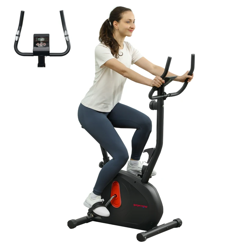 SPORTNOW Bicicleta Statica cu Rezistenta Magnetica Ajustabila Senzor Ecran LCD si Scaun Reglabil 88x50,5x131,5 cm Negru