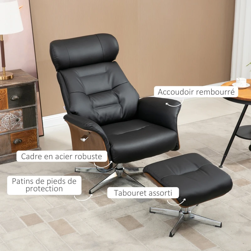 HOMCOM Fotoliu relax cu suport pentru picioare, fotoliu de relaxare cu spătar înclinabil, tetieră reglabilă, 80x84x108 cm, negru