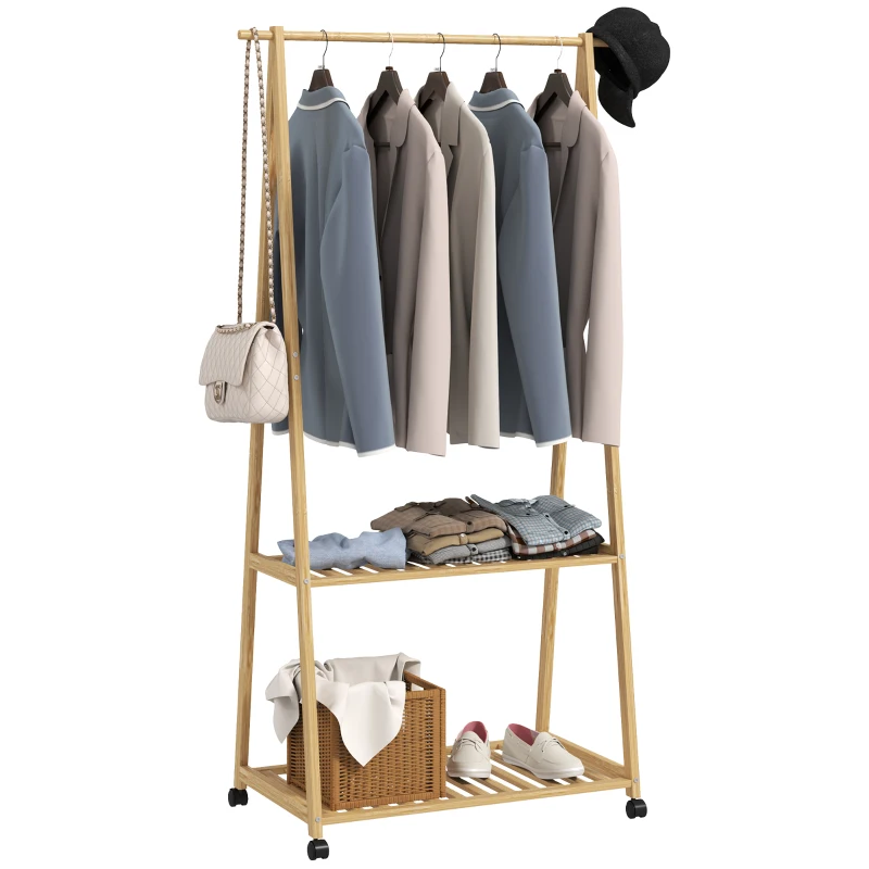 HOMCOM Suport pentru Haine din Bambus cu Roți 2 Rafturi Deschise și 2 Găuri 84,5x43,5x158 cm Natural