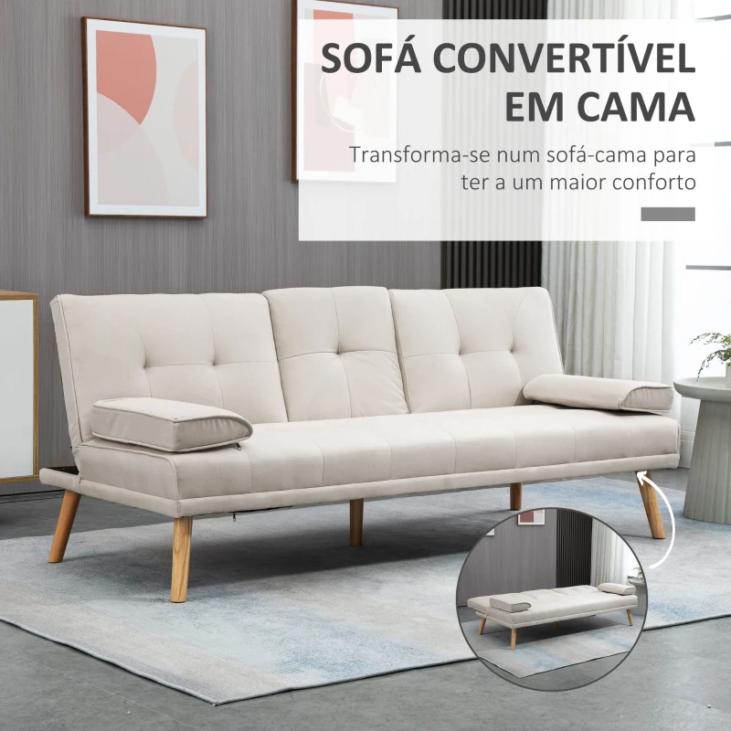 HOMCOM Sofá Cama 3 Lugares com Encosto Ajustável Apoio para os Braços Desmontável e 2 Suportes para Copos 181x77x78 cm Bege